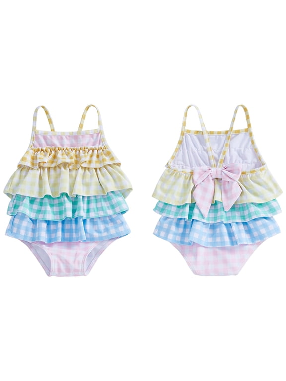 Infant Girls One Piece Sleeveless Swimsuit Bow Print for Toddler Baby Pool Beach, Multicolor, Size 12M-4Y