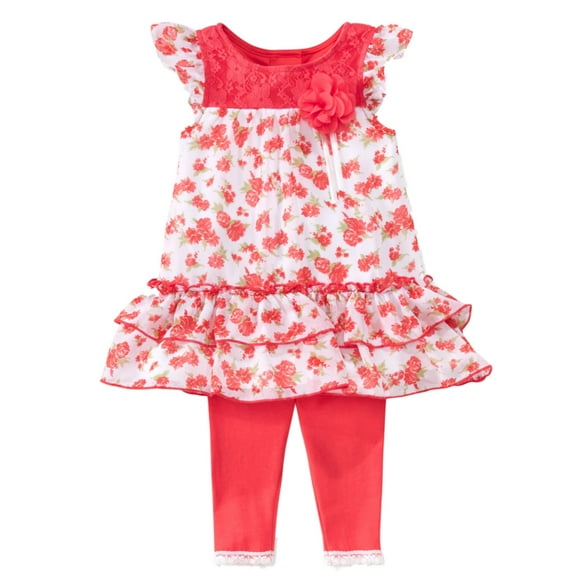 Infant Girls Orange Floral Baby Outfit Ruffled Chiffon Shirt & Leggings Set 3-6m