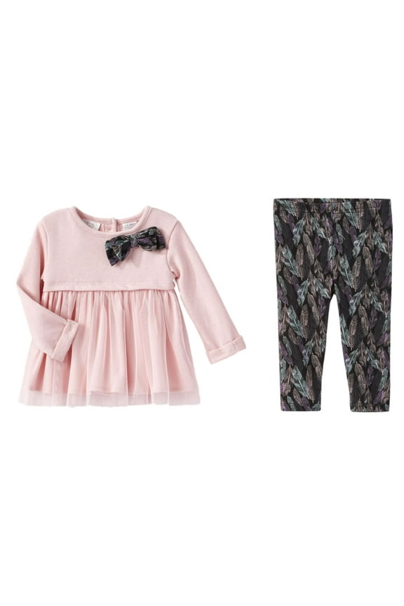 Infant Girls Pink Bows & Feathers Baby Outfit Shirt & Leggings Set 0-3 Months