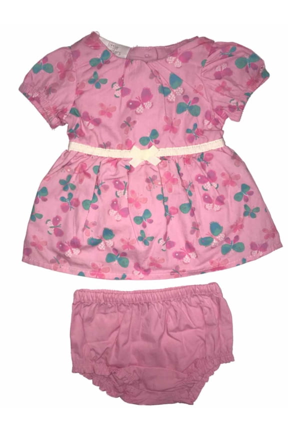 Infant Girls Pink Butterfly Flared Baby Dress Bow Front & Diaper Cover Set 3-6M