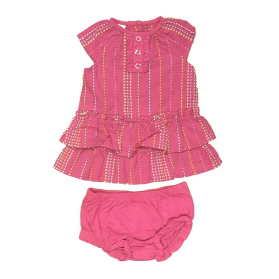 Infant Girls Pink Embroidered Striped Ruffled Dress Set Baby Outfit