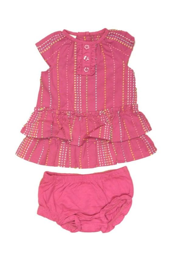 Infant Girls Pink Embroidered Striped Ruffled Dress Set Baby Outfit