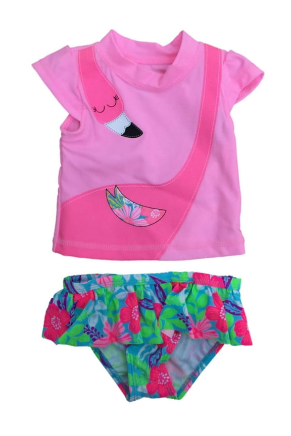Infant Girls Pink Flamingo Floral 2 Pc Rashguard Swimming & Bathing Suit 3-6m
