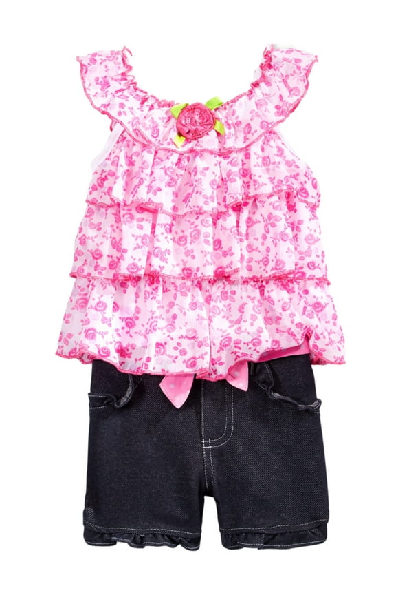 Infant Girls Pink Floral Baby Outfit Ruffled Chiffon Shirt & Denim Shorts Set