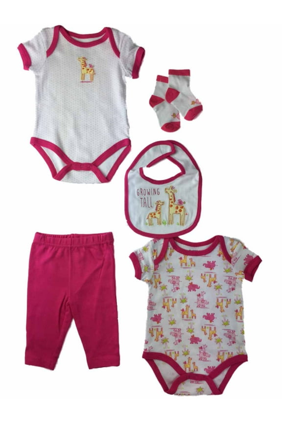 Infant Girls Pink Giraffe Growing Tall Singles Bib Pant & Socks 5 Piece Outfit
