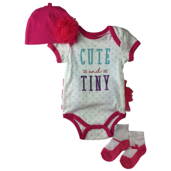 Infant Girls Pink Glittery Cute & Tiny Bodysuit Beanie & Socks 3 Piece Outfit