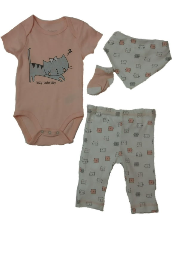 Infant Girls Pink Lazy Caterday Kitty Cat Kitten 4-PC Bodysuit Outfit