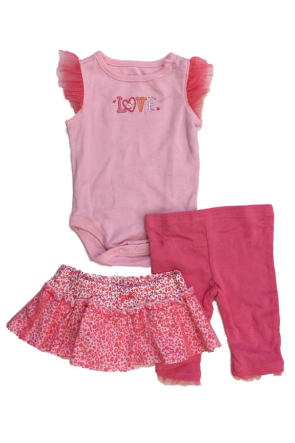 Infant Girls Pink Love Baby Outfit Leopard Print Bodysuit Pants & Skirt Set
