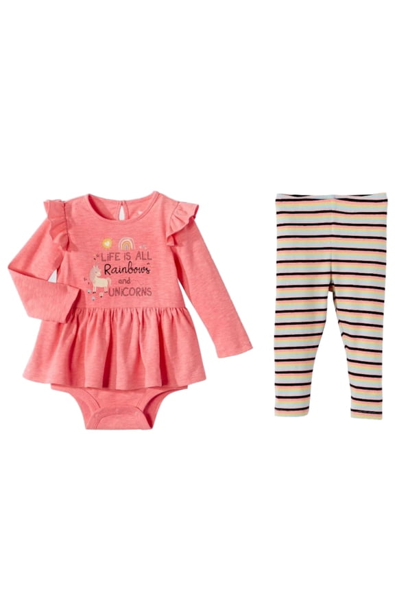 Infant Girls Pink Ruffle Baby Outfit Rainbows & Unicorns Bodysuit & Leggings