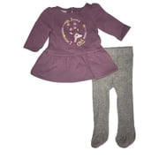 Infant Girls Pretty Deer Baby Dress Purple Dress & Gray Tights Fleece Set 0-3M