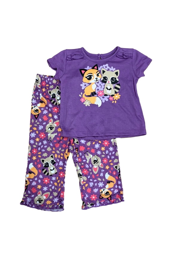 Infant Girls Purple Fox Raccoon Themed Pajamas 2pc Sleep Set 18m