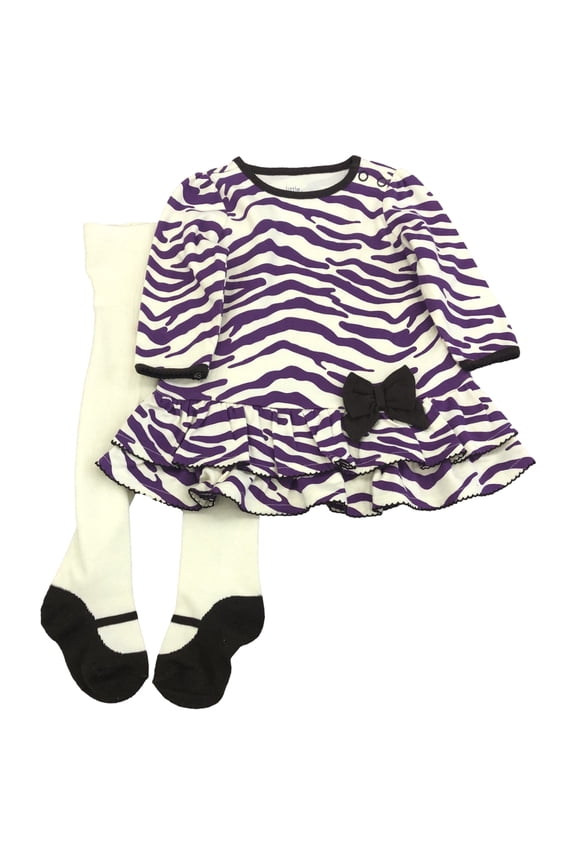 Infant Girls Purple Zebra Stripe Baby Outfit Dress & Tights Set Newborn