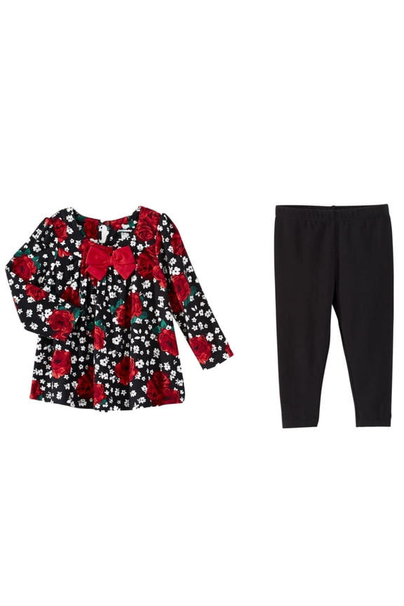Infant Girls Red & Black Rose Print Floral Baby Outfit Shirt & Leggings Set NB