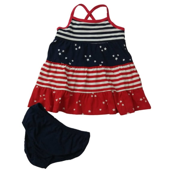 Infant Girls Red Blue Stars & Stripes Ruffled Patriotic Tank Top Dress Outfit