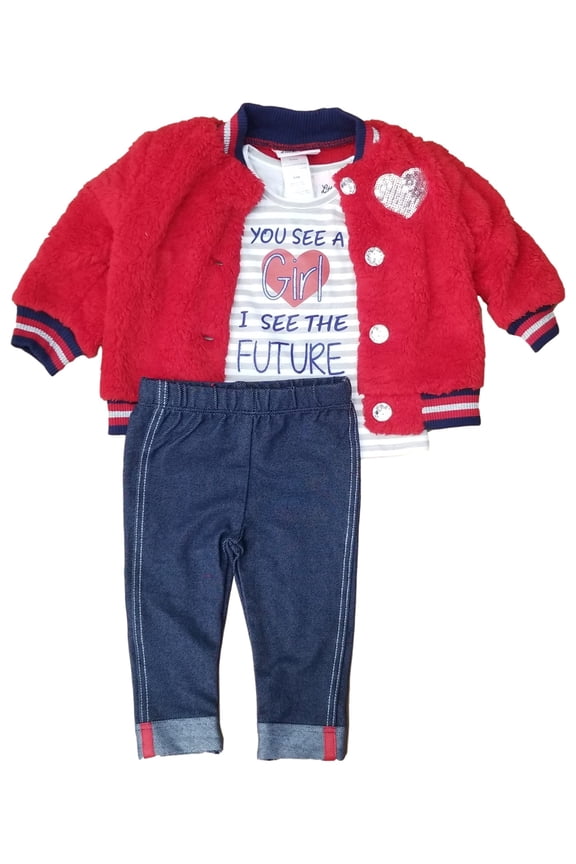 Infant Girls Red Furry Varsity Jacket Navy Leggings 3pc Baby Outfit Set 6/9M