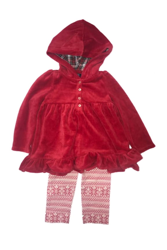 Infant Girls Red Hooded Soft Dress & Red & White Winter Print Leggings Set 18M