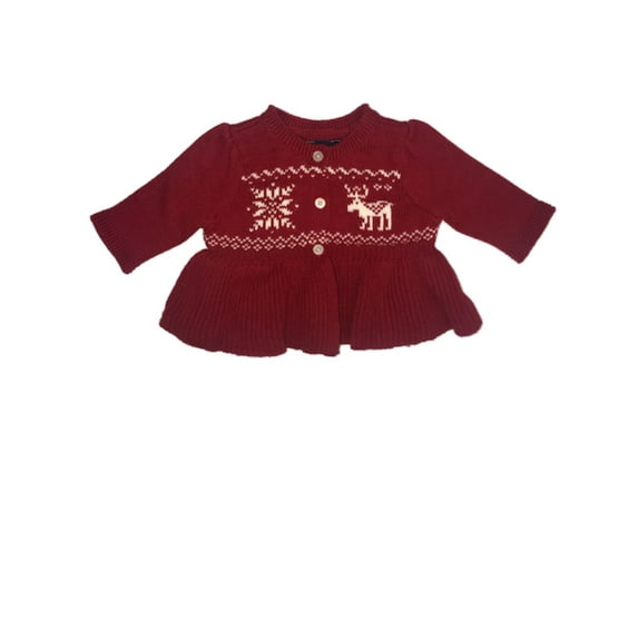 Infant Girls Red Long Sleeve Reindeer & Snowflake Holiday Flared Knit Sweater 6M