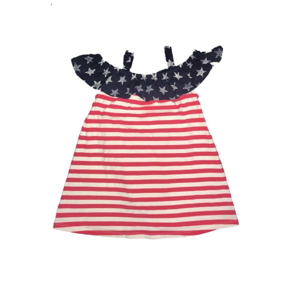 Infant Girls Red White & Blue Stars & Stripes Ruffle Neckline Patriotic Dress
