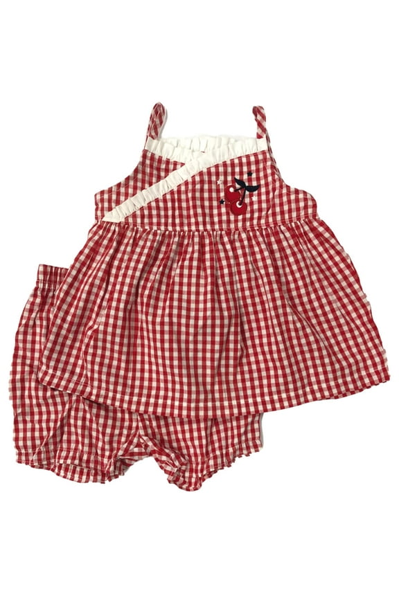 Infant Girls Red & White Gingham Cherry Patriotic Sun Dress Sundress Outfit 6m