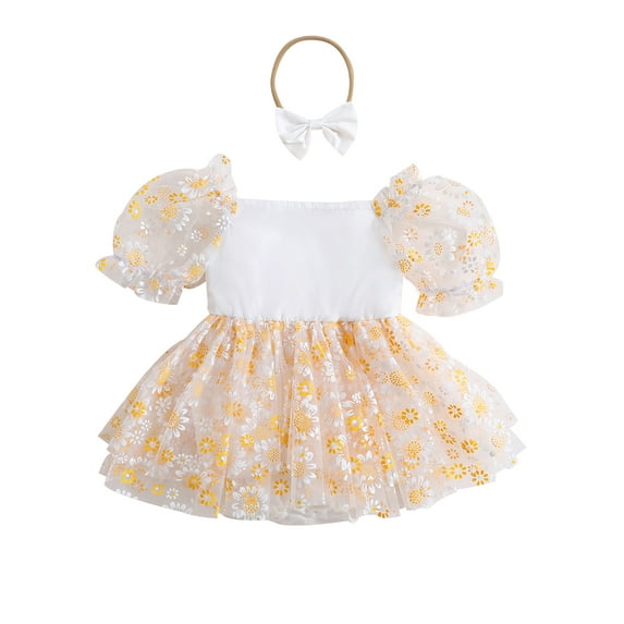 Infant Girls Romper Dress Daisy Print Short Puff Sleeve Mesh Skirt Hem Jumpsuits with Headband
