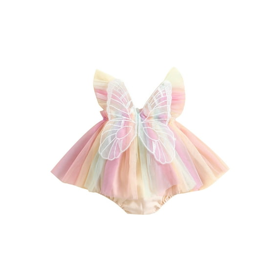 Infant Girls Rompers Dress Embroidery Butterfly Wing Fly Sleeve Rainbow Color Tulle Skirt Hem Jumpsuits