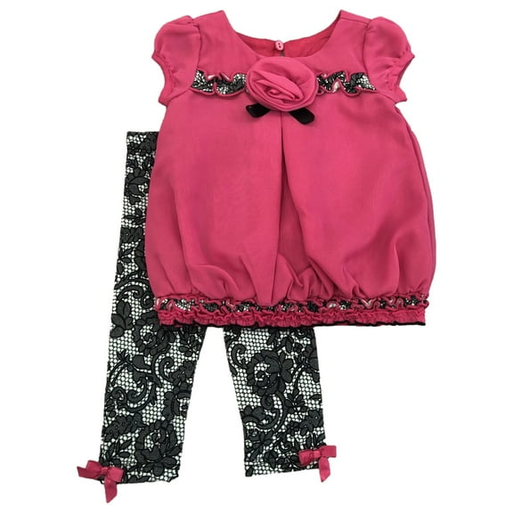 Infant Girls Silky Pink & Black Lace Baby Outfit Shirt & Pants Set 24 Months