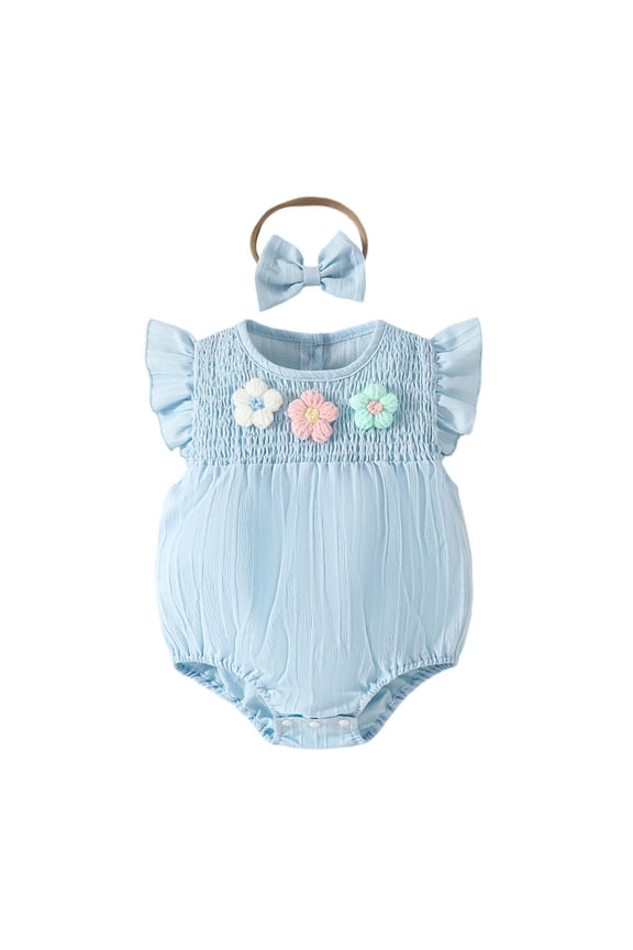 Infant Girls Smocked 3D Floral Applique Bodysuit & Fly Sleeve Shorts 2 Piece Outfits Sets Comfort Dailywear 0-3 Months