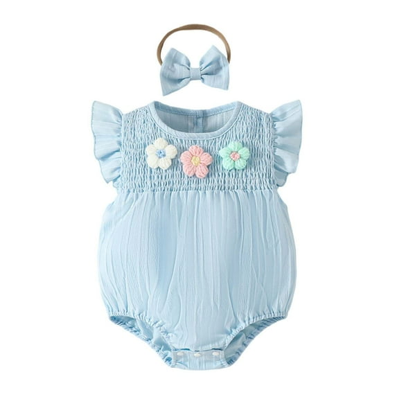 Girls Smocked 3D Floral Applique Bodysuit & Fly Sleeve Shorts 2 Piece Outfits Sets Comfort Dailywear 0-3 Months