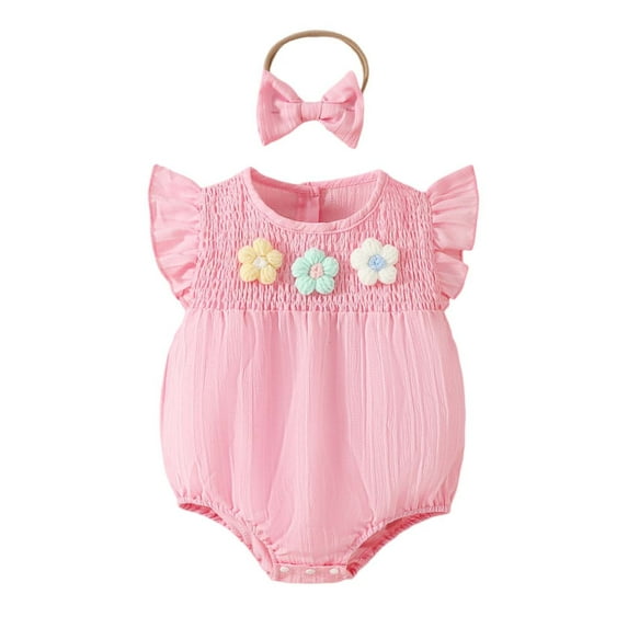 Infant Girls Smocked 3D Floral Applique Bodysuit & Fly Sleeve Shorts 2 Piece Outfits Sets Relaxed Fit Dailywear 3-6 Months