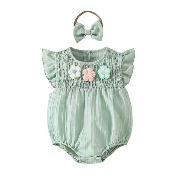 Infant Girls Smocked 3D Floral Applique Bodysuit & Fly Sleeve Shorts 2 Piece Outfits Sets Trendy Dailywear 6-9 Months