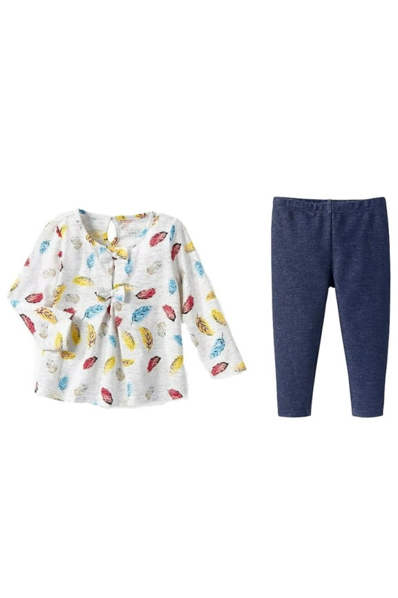 Infant Girls Tan Feathers Baby Outfit Shirt & Denim Jeggings Leggings Set NB