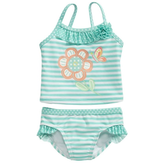 Infant Girls Tankini Blue Stripe Floral Print 2 Pc Bikini Swim Suit 12 Months