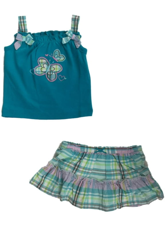 Infant Girls Turquoise Butterfly Tank Top & Plaid Short Skort 2 PC Outfit 0-3m