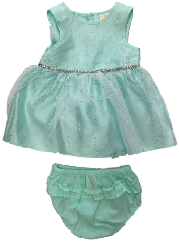 Infant Girls Turquoise Tulle Glittery Dotted Dress Outfit Ruffle 2 PC Set 0-3m