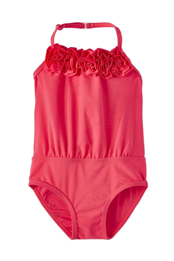 Infant Girls Vibrant Coral Pink Rosette 1 Piece Swimming Suit 3-6m