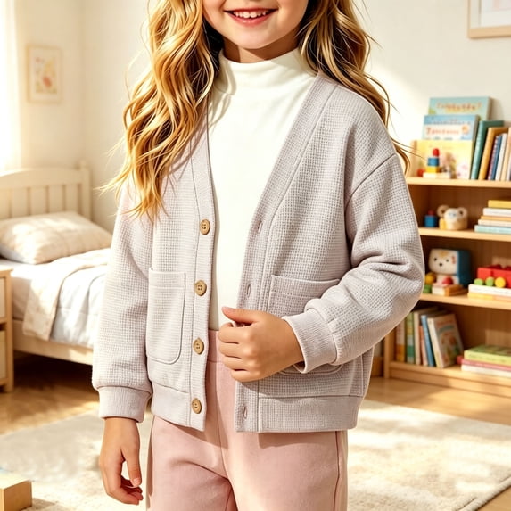 Infant Girls Waffle Knit Cardigans Button Down Sweaters V-Neck Long Sleeve Outerwear Tops with Pockets Casual Fall School Jackets Lightweight Cozy Knitwear, Size 6-12 M