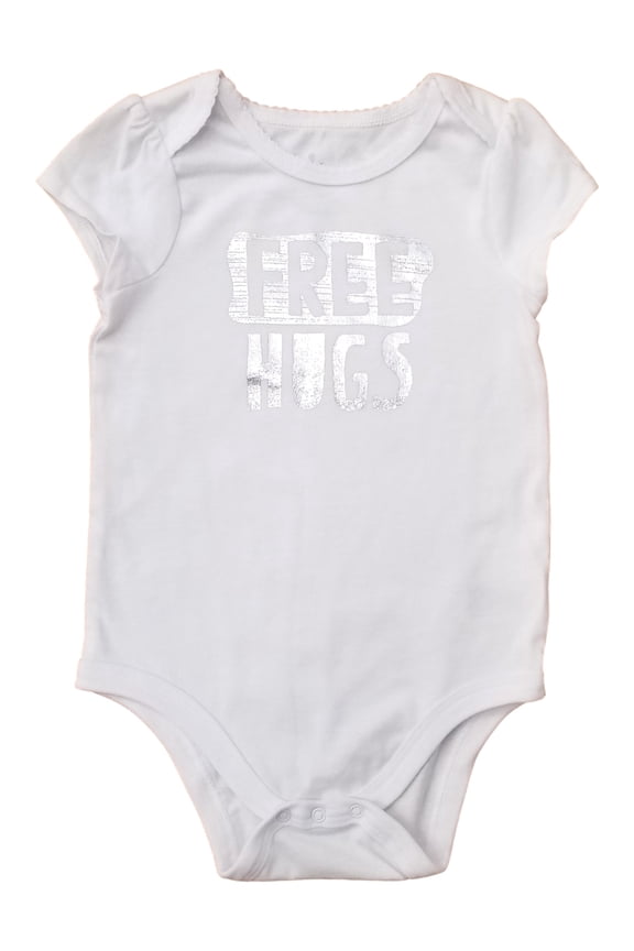 Infant Girls White Free Hugs Comfy Silver Short Sleeve Bodysuit Creeper NB
