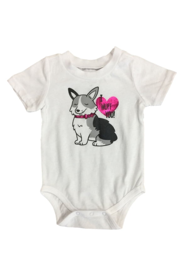Infant Girls White I Wuff You Puppy Dog Heart Bodysuit Snap Bottom Creeper 3m