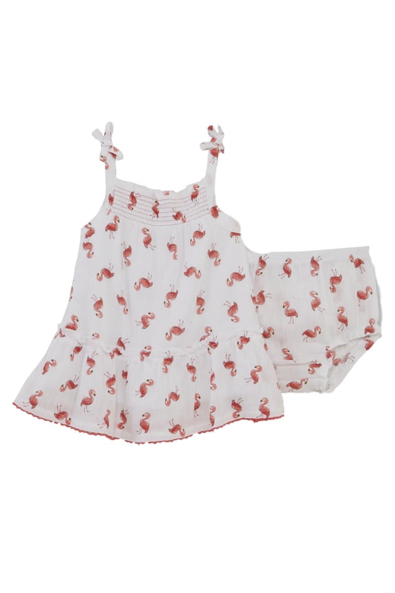 Infant Girls White Pink Flamingo Print Smocked Dress Sleeveless Sundress