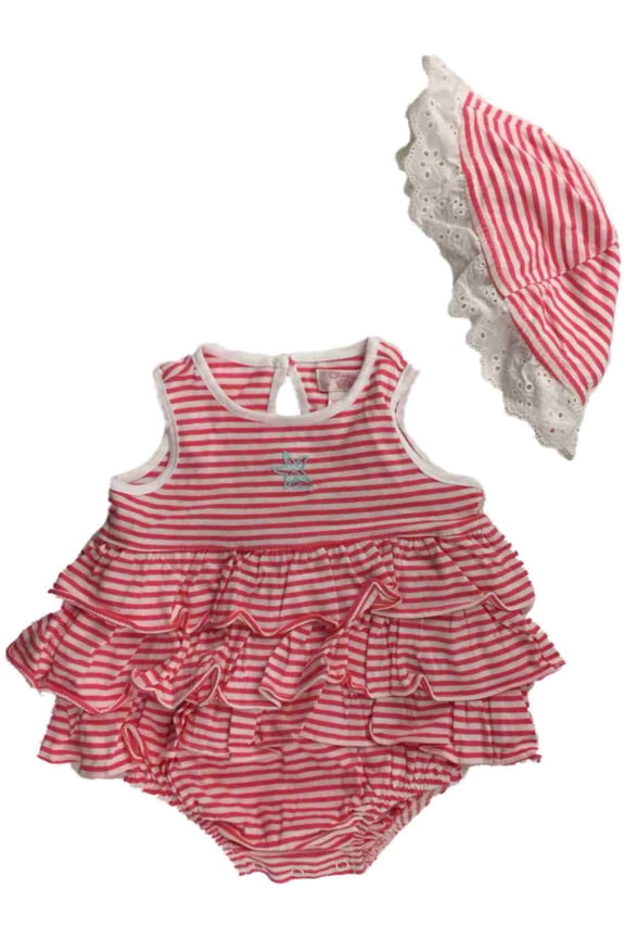 Infant Girls White & Pink Striped Bodysuit & Eyelet Trimmed Cap 2 PC Outfit NB