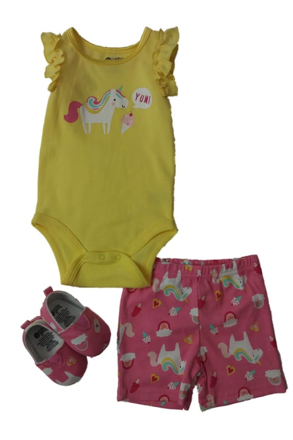 Infant Girls Yellow Unicorn Ice Cream Bodysuit Shorts & Shoes 3-PC Outfit 3-6m