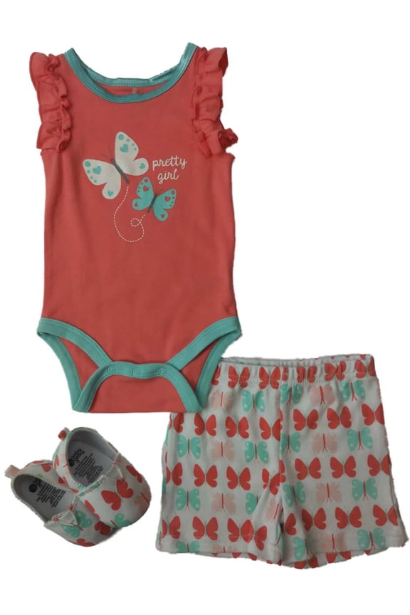Infant GirlsPeach Blue Butterfly Bodysuit Shorts & Shoes 3-PC Outfit 3-6m