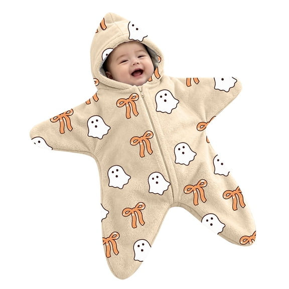 Infant Halloween Starfish Wearable Blanket Hooded Ghost Print Zipper Windproof Warm Soft Flannel Plush for Stroller Car Seat Outings Khaki 3M