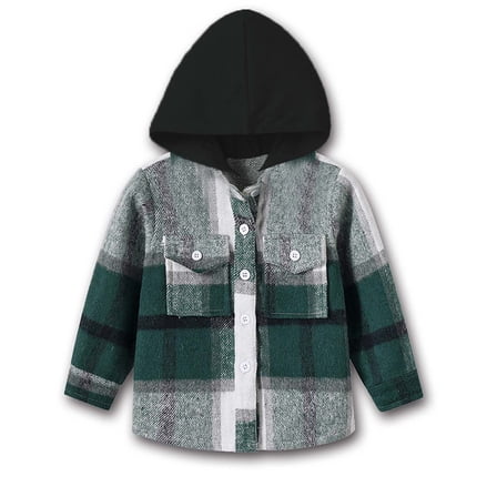 Infant Jacket Hooded Long Sleeved Brushed Plaid Shirt Jacket New Fall Jackets Winter Outerwear Green 18-24 Months