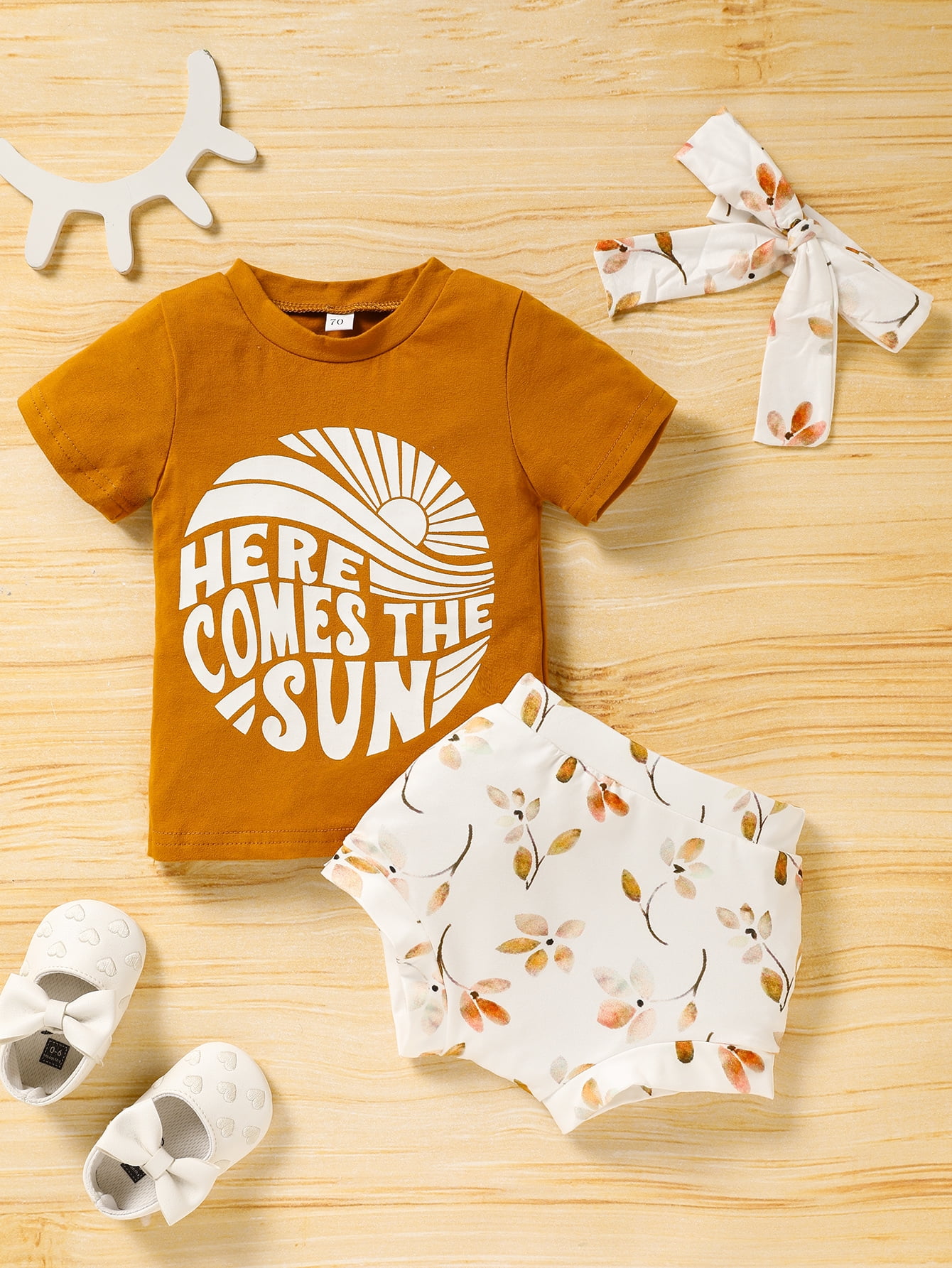 Infant Kids Baby Girls Here Comes The Sun T Shirt Tops Ruffle Shorts Headband Outfits Set Summer Clothing Set Orange 12 18m