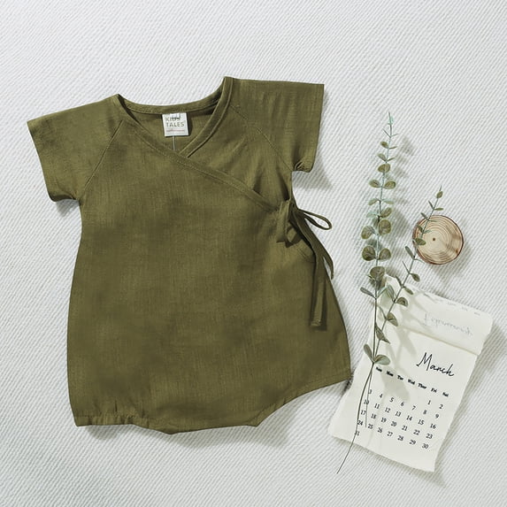 Infant Linenr Wrap Romper Kimono-Style Bodysuit with Short Sleeves Breathable Everyday Outfit for Babies Green 18-24 Months