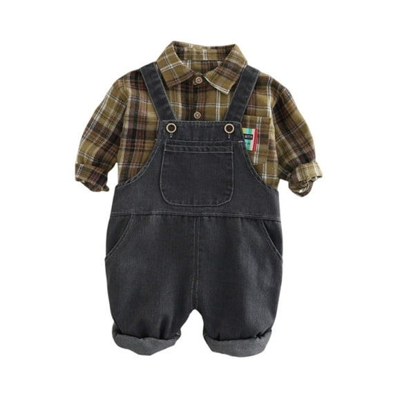 Infant Long Sleeve Plaid Shirt with Denim Overalls Set Button Down Collar Casual Outfit for Children Boys and Girls
