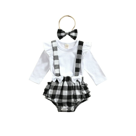 Infant Long Sleeve Romper + Suspenders Shorts + Bow Headband, Plaid