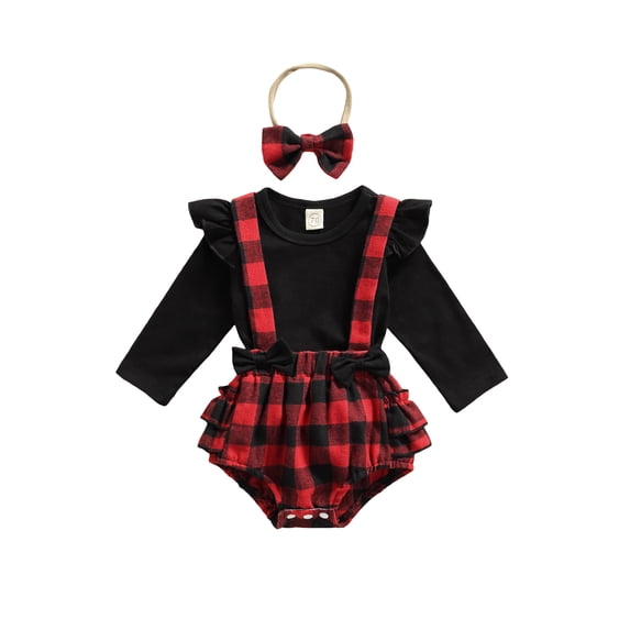 Infant Long Sleeve Romper + Suspenders Shorts + Bow Headband, Plaid