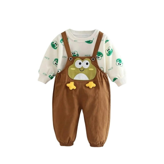Infant Long Sleeve Shirt and Overalls Set with Cartoon Frog Print Soft Cotton Blend Comfortable Fit Children Outfit